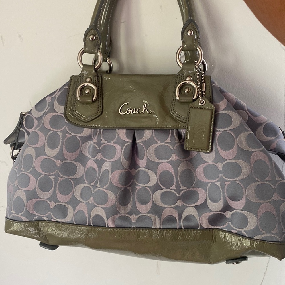 Grey, 16 in. wide Coach bag. Coach letters a bit faded, very spacious.